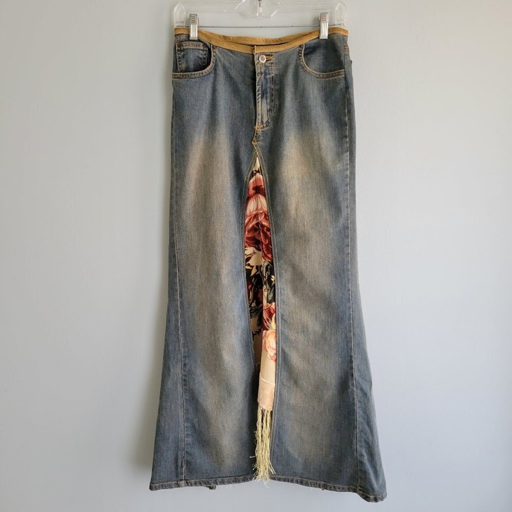 C'est la vie Denim Skirt Maxi Skirt Vintage with flower fabric panels